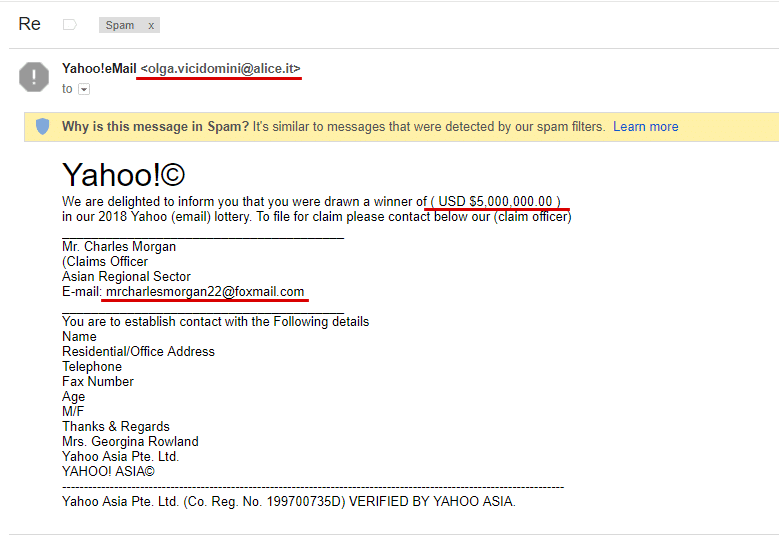 SPAM Yahoo Lottery Email